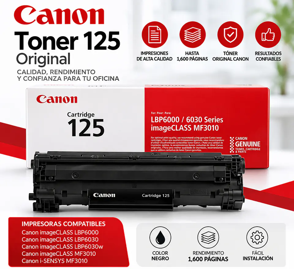 Toner Canon 125 Original Negro 3484B001AA para MF3010, LBP6000 y LBP6030 1