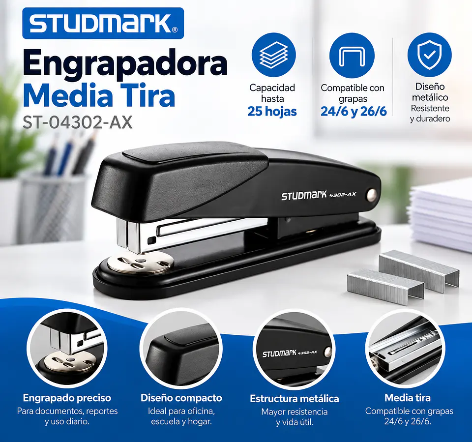 Engrapadora Metálica Studmark Media Tira 25 Hojas ST-04302-AX 1