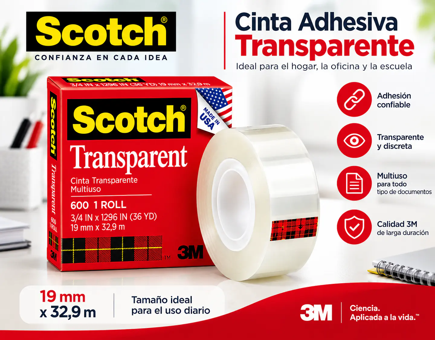 Cinta Adhesiva Scotch Transparente 19 mm x 32,9 m 3M 1