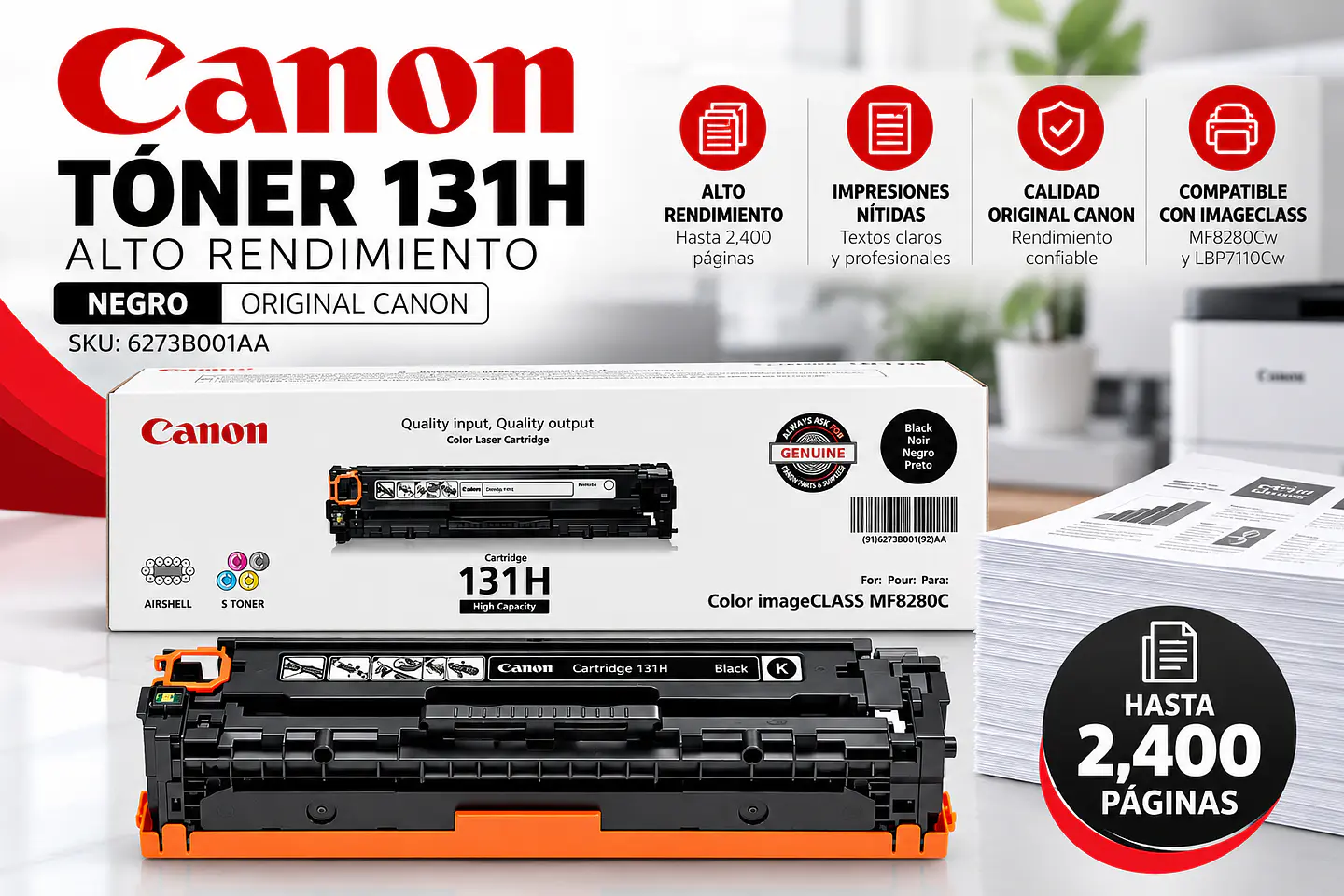 Tóner Canon 131H Negro Original 6273B001AA Alto Rendimiento 1