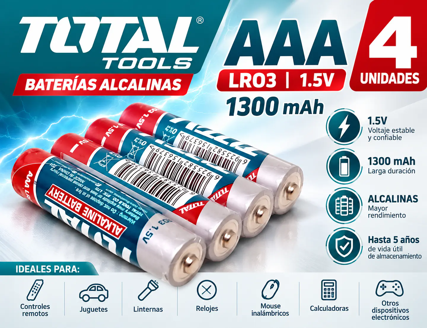 Baterías AAA Alcalinas 1.5V 1300mAh 4 Unidades Total 1