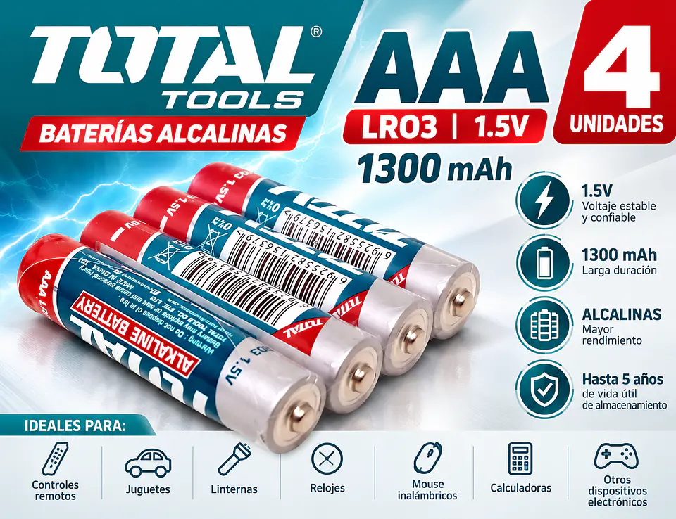 Baterías AAA Alcalinas 1.5V 1300mAh 4 Unidades Total 1