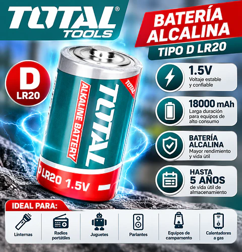 Batería Alcalina Tipo D LR20 1.5V 18000mAh Total Tools