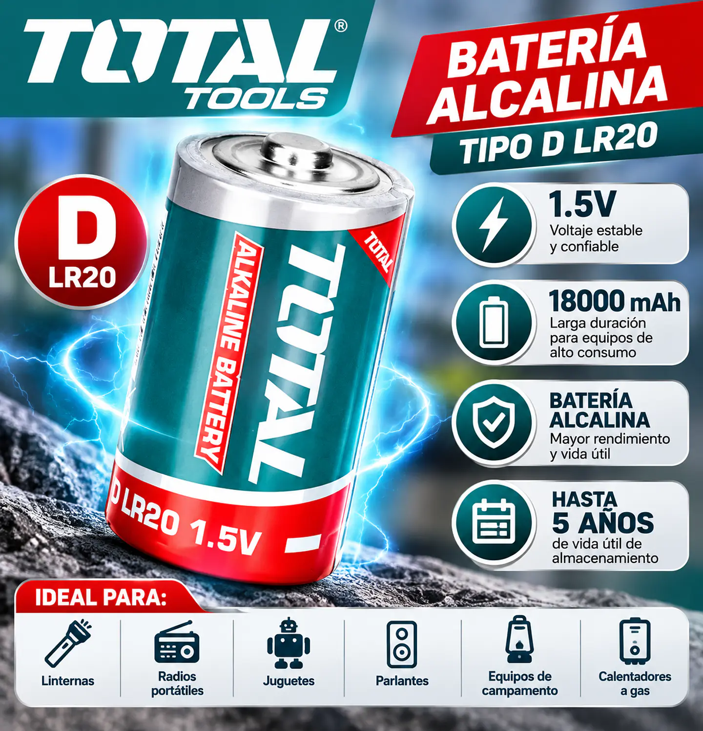 Batería Alcalina Tipo D LR20 1.5V 18000mAh Total Tools 1
