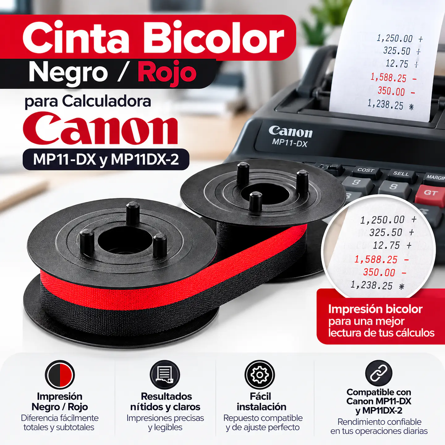 Cinta Bicolor Negro/Rojo para Calculadora Canon MP11-DX y MP11DX-2 2