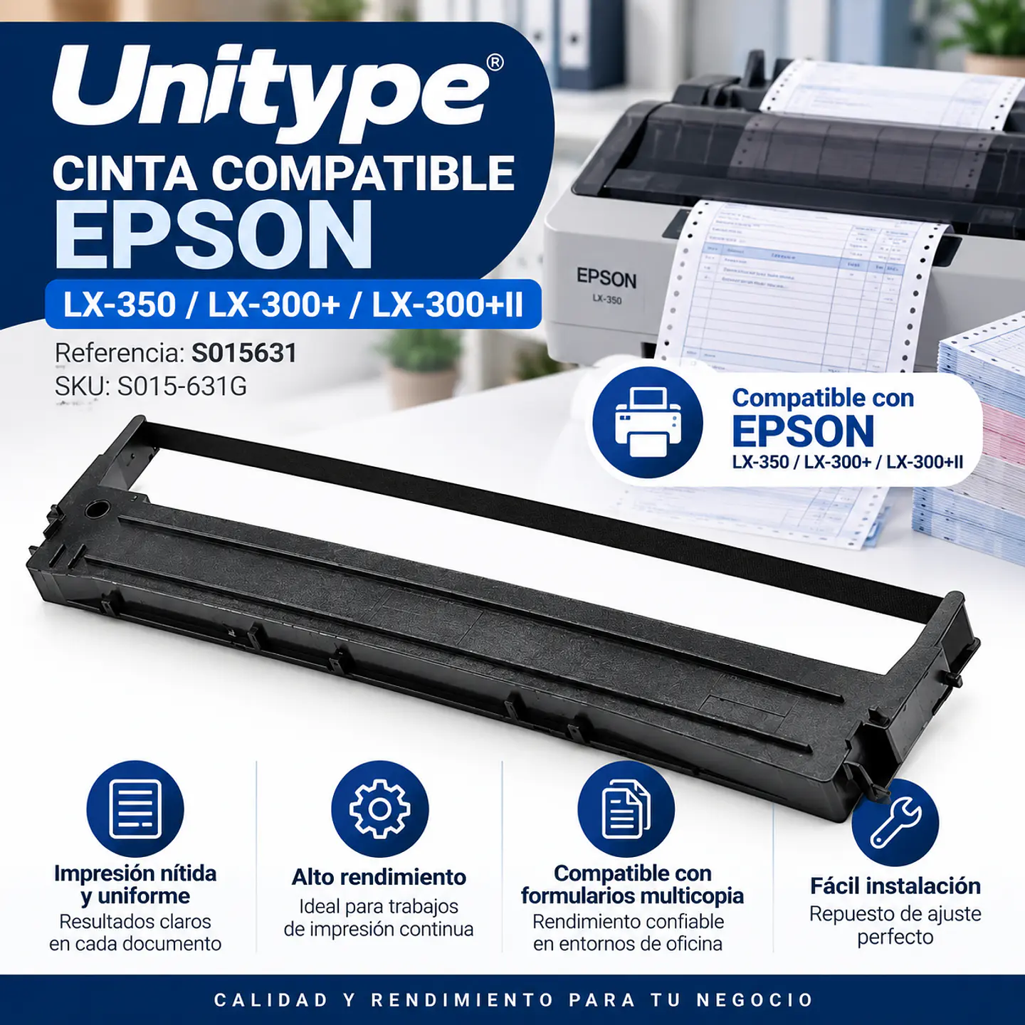 Cinta Unitype Compatible Epson LX-350 LX-300+ LX-300+II S015631 Negra para Impresora Matricial 2