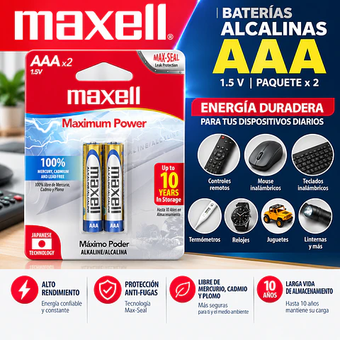 Baterías Alcalinas Maxell AAA Paquete de 2 Unidades