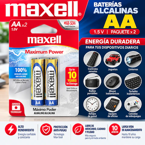 Baterías Alcalinas Maxell AA Paquete de 2 Unidades