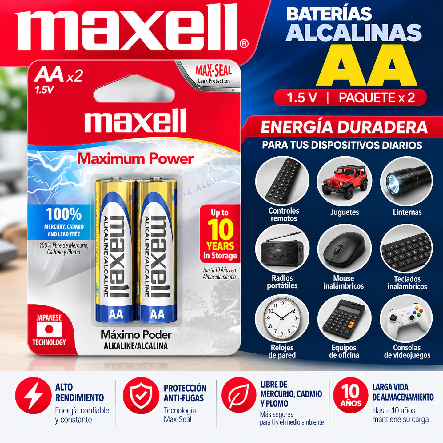 Baterías Alcalinas Maxell AA Paquete de 2 Unidades 1