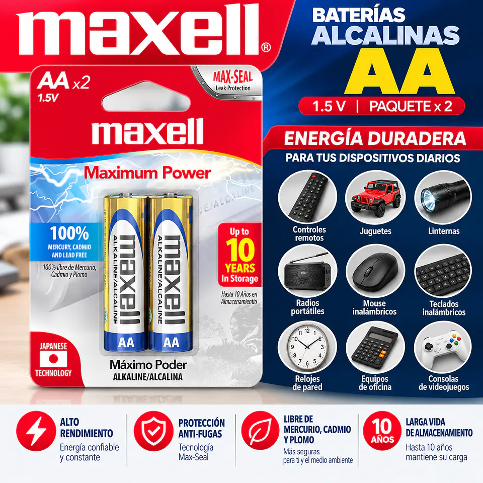 Baterías Alcalinas Maxell AA Paquete de 2 Unidades 1
