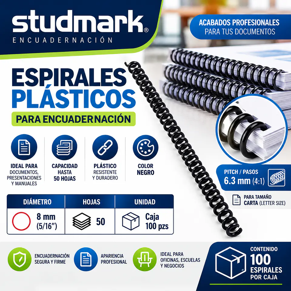 Caja 100 Espirales Studmark 8 mm para 50 Hojas 1