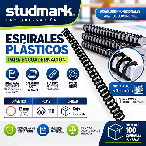 Caja 100 Espirales Studmark 12 mm para 110 Hojas