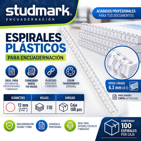 Caja 100 Espirales Studmark 12 mm para 110 Hojas
