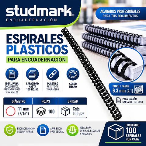 Caja 100 Espirales Studmark 11 mm para 100 Hojas