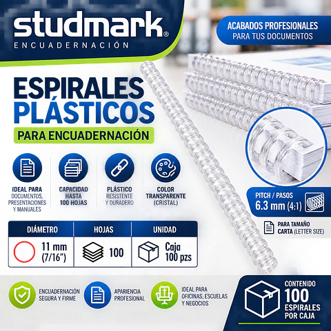Caja 100 Espirales Studmark 11 mm para 100 Hojas