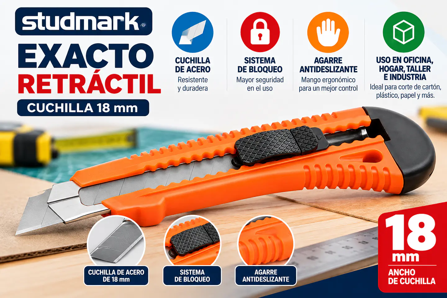 Exacto Retráctil Studmark ST-04101-BL 18 mm con Cuchilla en Blíster 2
