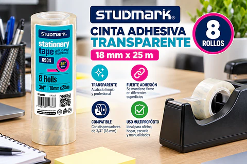 Cinta Adhesiva Transparente Studmark 18 mm x 25 m (8 Rollos)