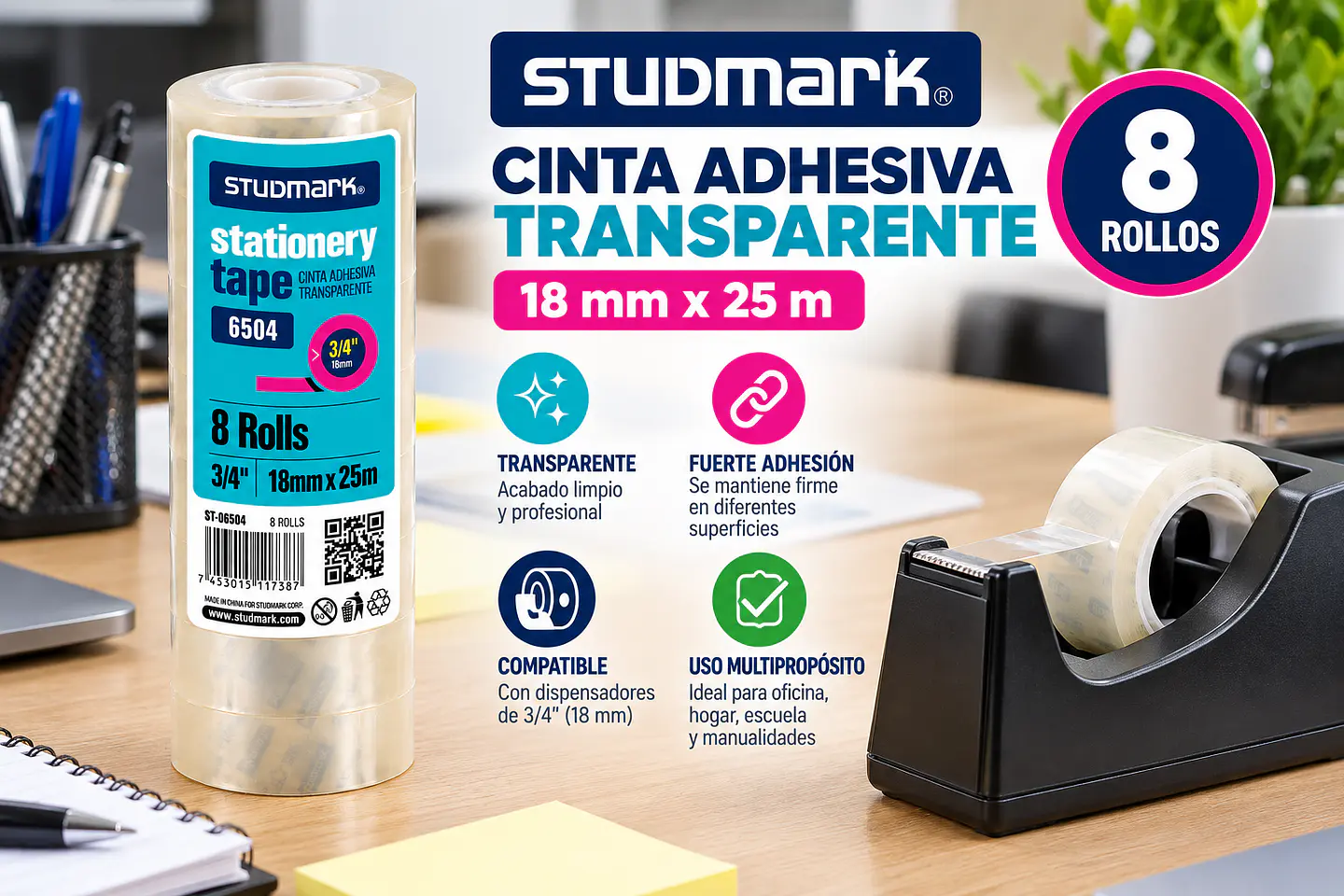 Cinta Adhesiva Transparente Studmark 18 mm x 25 m (8 Rollos) 2