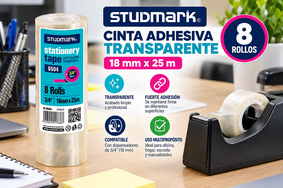 Cinta Adhesiva Transparente Studmark 18 mm x 25 m (8 Rollos) 2