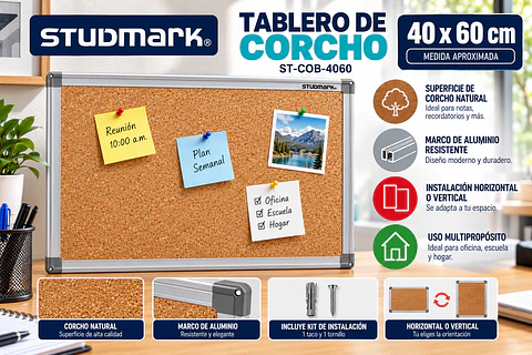 Tablero de Corcho Studmark ST-COB-4060 40 x 60 cm con Marco de Aluminio