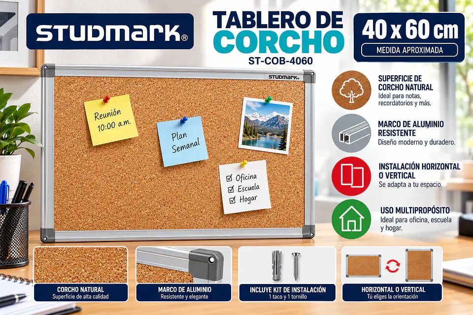Tablero de Corcho Studmark ST-COB-4060 40 x 60 cm con Marco de Aluminio 2