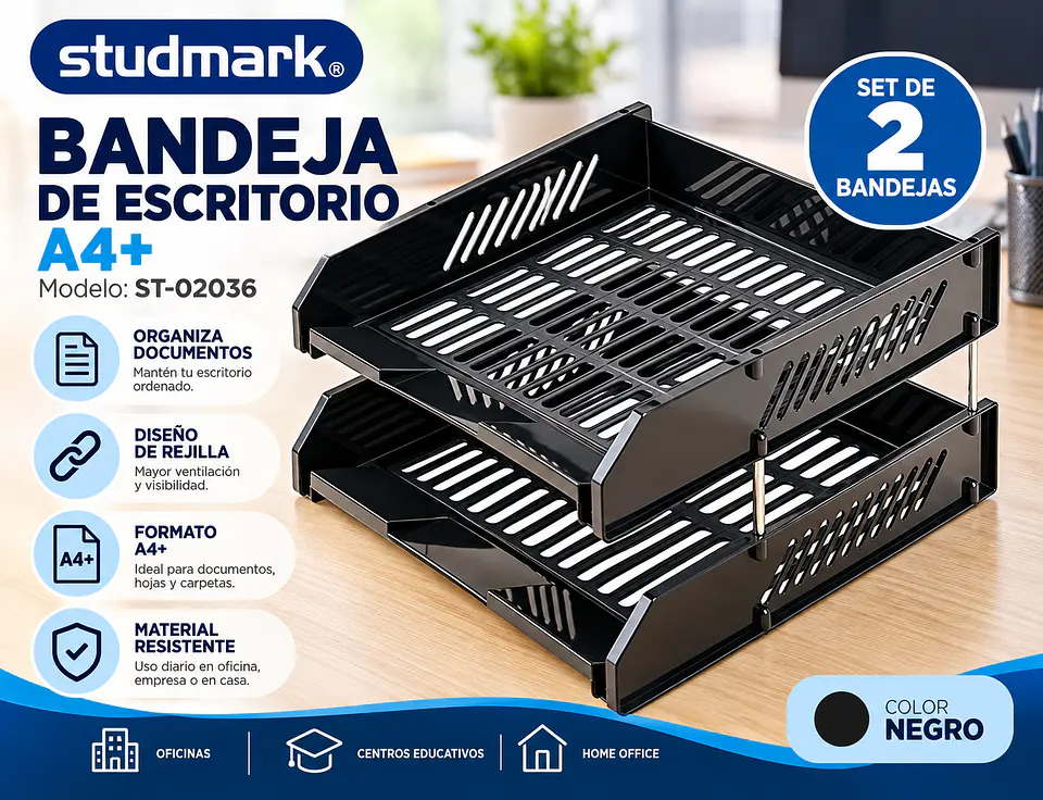 Bandeja de Escritorio A4+ Studmark Rejilla Negra ST-02036 – Set de 2 1