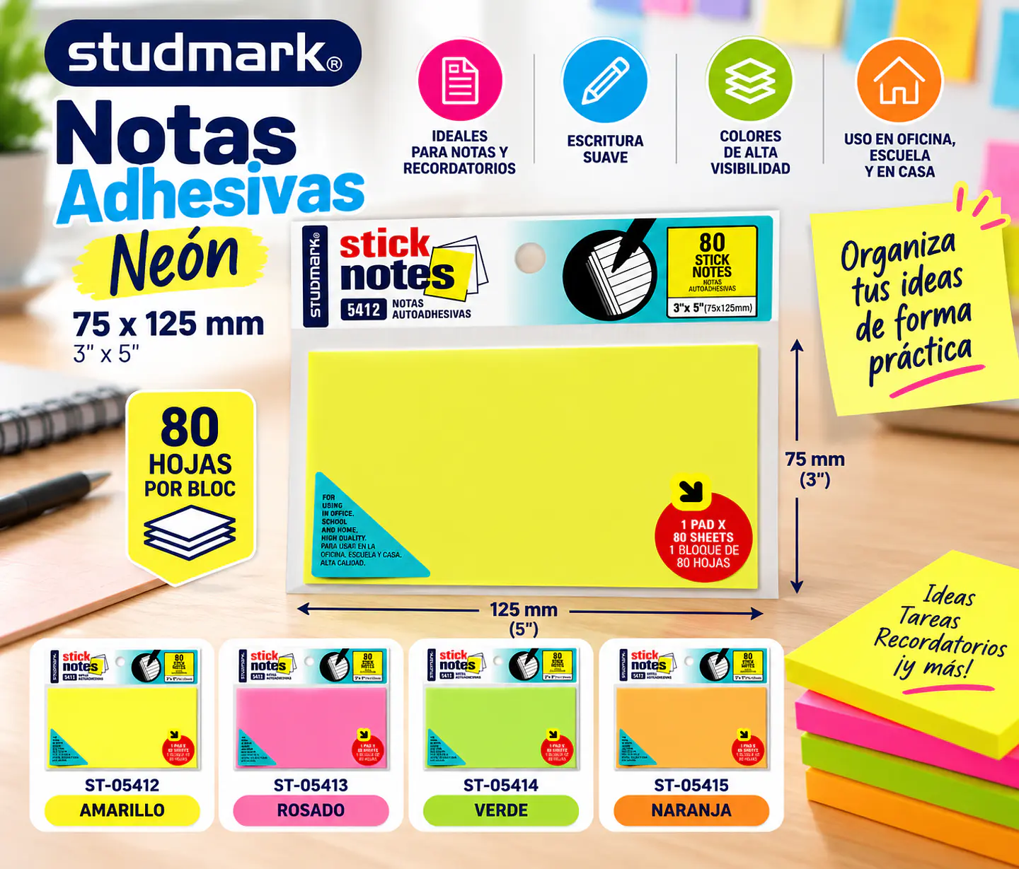 Notas Adhesivas Neón Studmark 75 x 125 mm 80 Hojas 1