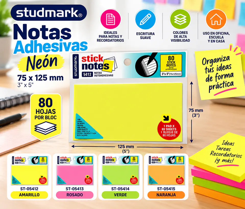 Notas Adhesivas Neón Studmark 75 x 125 mm 80 Hojas 1