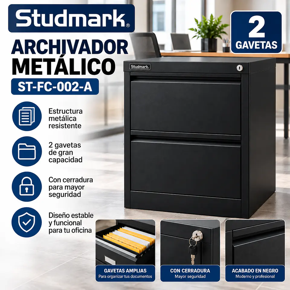 Archivador Metálico Studmark de 2 Gavetas Negro ST-FC-002-A 1