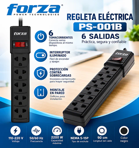 Regleta Eléctrica Forza PS-001B de 6 Salidas con Interruptor y Protección contra Sobrecargas