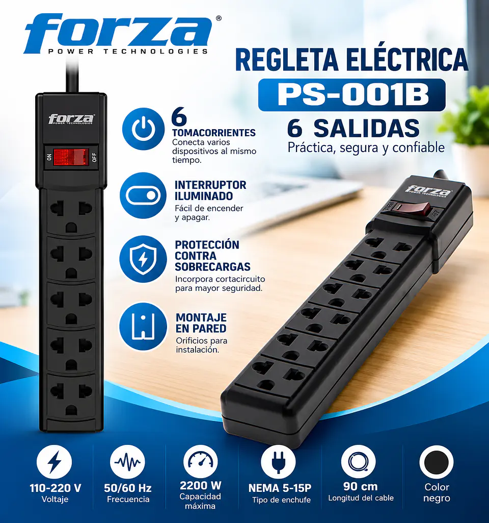 Regleta Eléctrica Forza PS-001B de 6 Salidas con Interruptor y Protección contra Sobrecargas 1