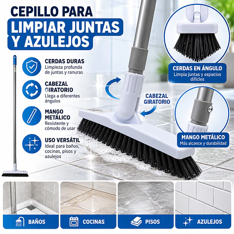 Cepillo para Limpiar Juntas y Azulejos con Mango Metálico Largo y Cabezal Giratorio SiClean