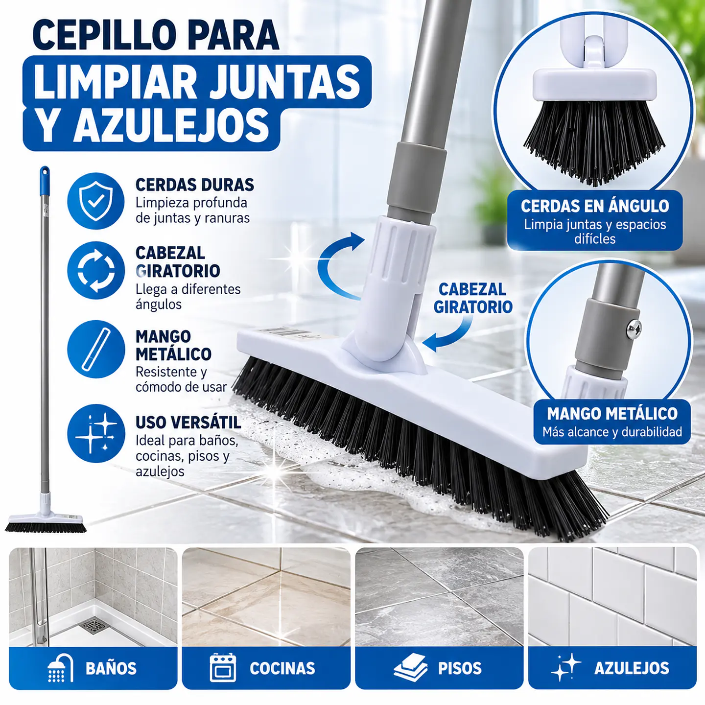 Cepillo para Limpiar Juntas y Azulejos con Mango Metálico Largo y Cabezal Giratorio SiClean 1