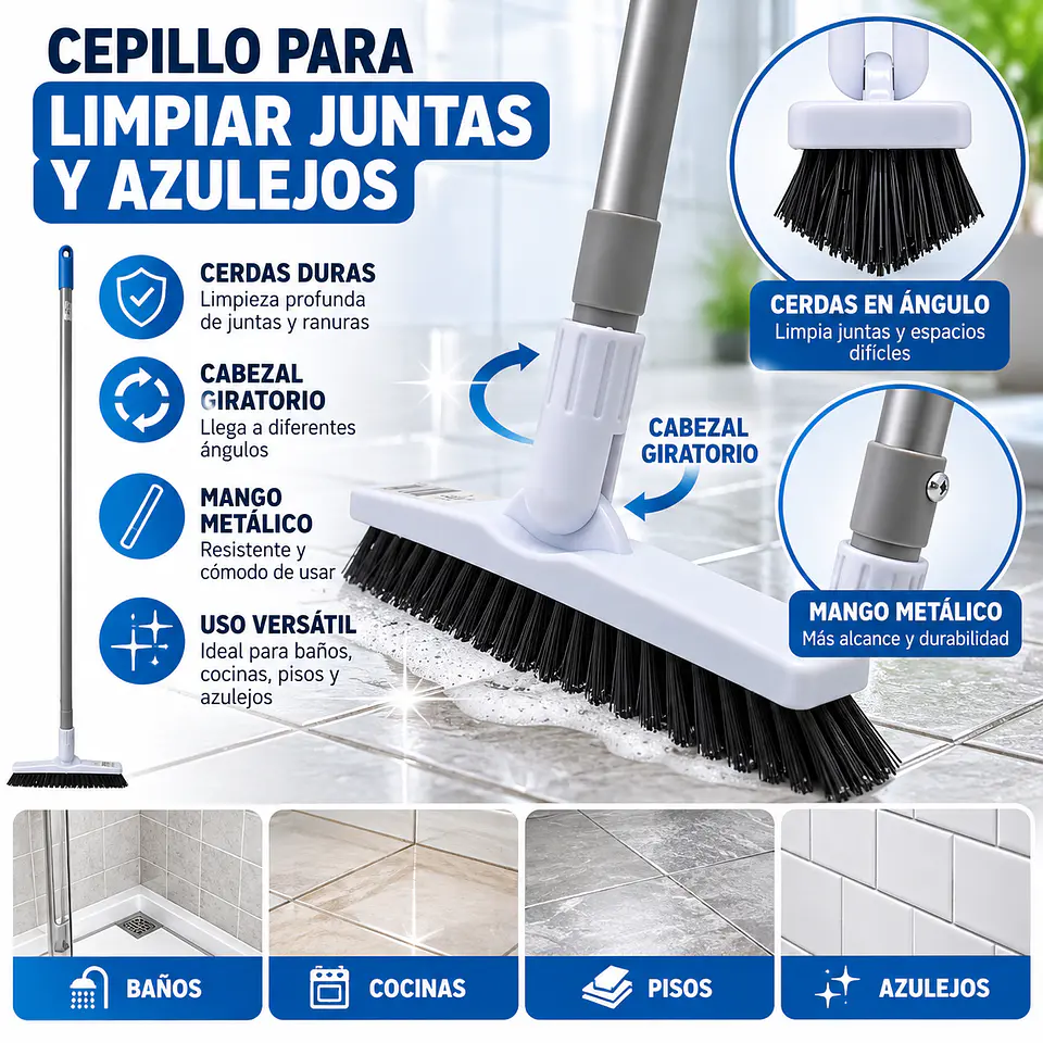 Cepillo para Limpiar Juntas y Azulejos con Mango Metálico Largo y Cabezal Giratorio SiClean 1