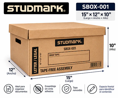 Caja de Archivo de Cartón Studmark con Tapa y Ensamblaje sin Cinta – 3 Tamaños