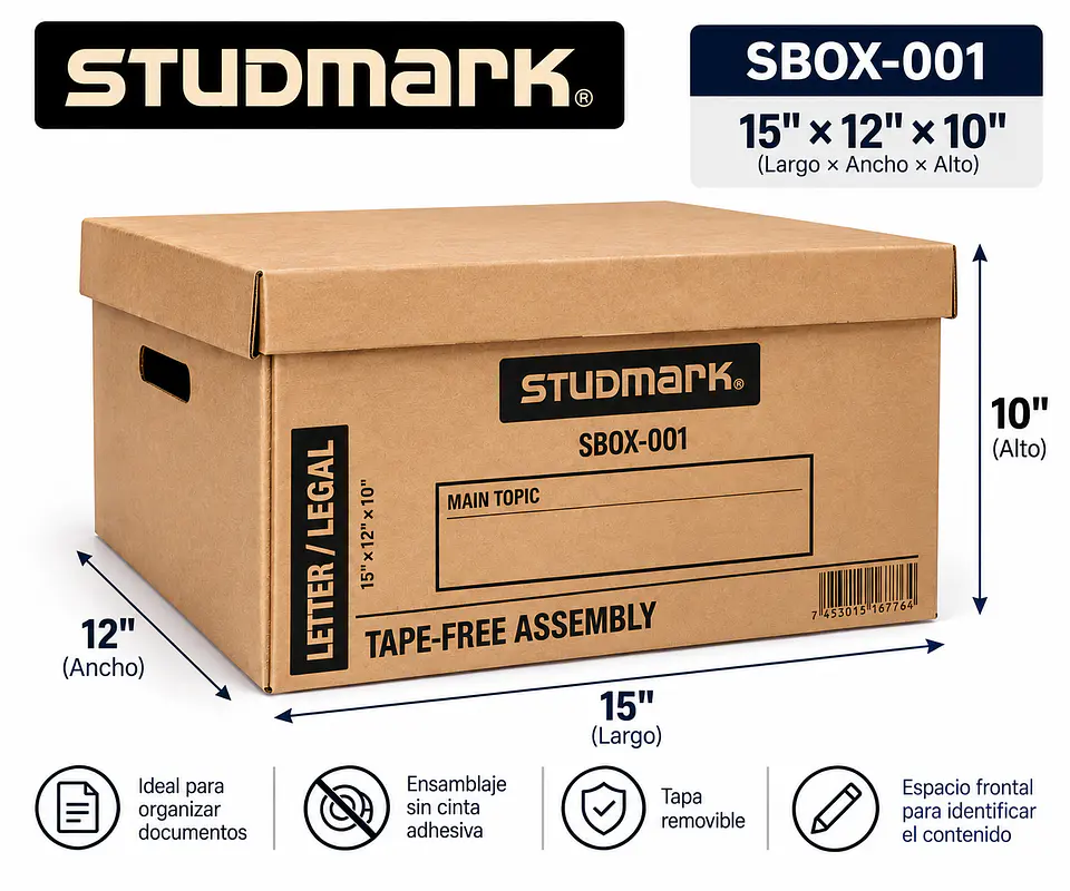 Caja de Archivo de Cartón Studmark con Tapa y Ensamblaje sin Cinta – 3 Tamaños 1