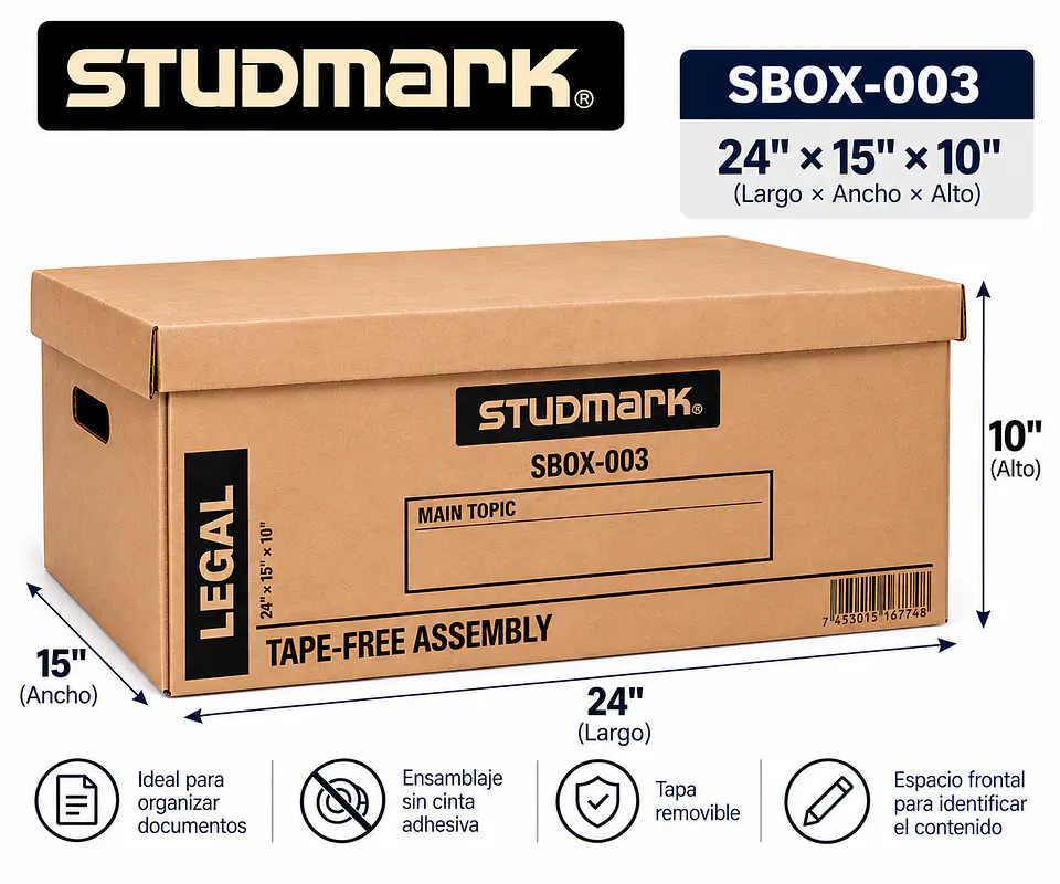 Caja de Archivo de Cartón Studmark con Tapa y Ensamblaje sin Cinta – 3 Tamaños 3