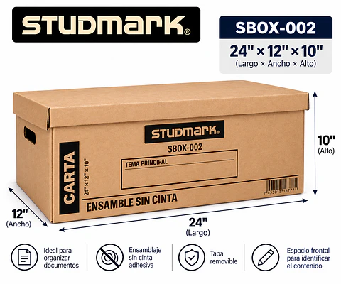 Caja de Archivo de Cartón Studmark con Tapa y Ensamblaje sin Cinta – 3 Tamaños