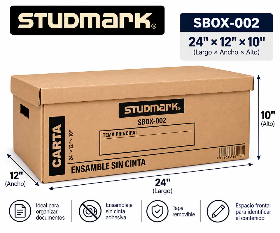 Caja de Archivo de Cartón Studmark con Tapa y Ensamblaje sin Cinta – 3 Tamaños 2