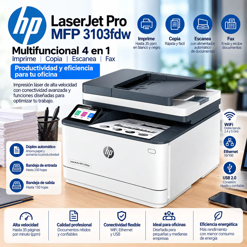 Impresora HP LaserJet Pro MFP 3103fdw Multifuncional Láser Monocromática WiFi Dúplex con Escáner, Copiadora y Fax 2