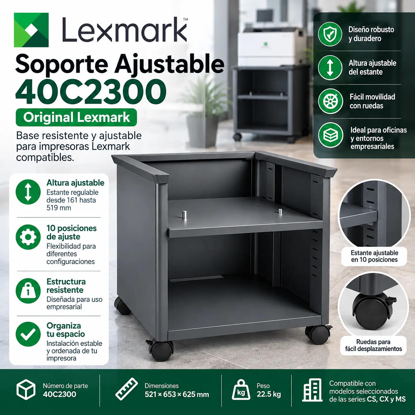 Soporte Ajustable Original Lexmark 40C2300 con Ruedas para Impresoras Láser – Base Móvil de Alta Resistencia para Oficina 2
