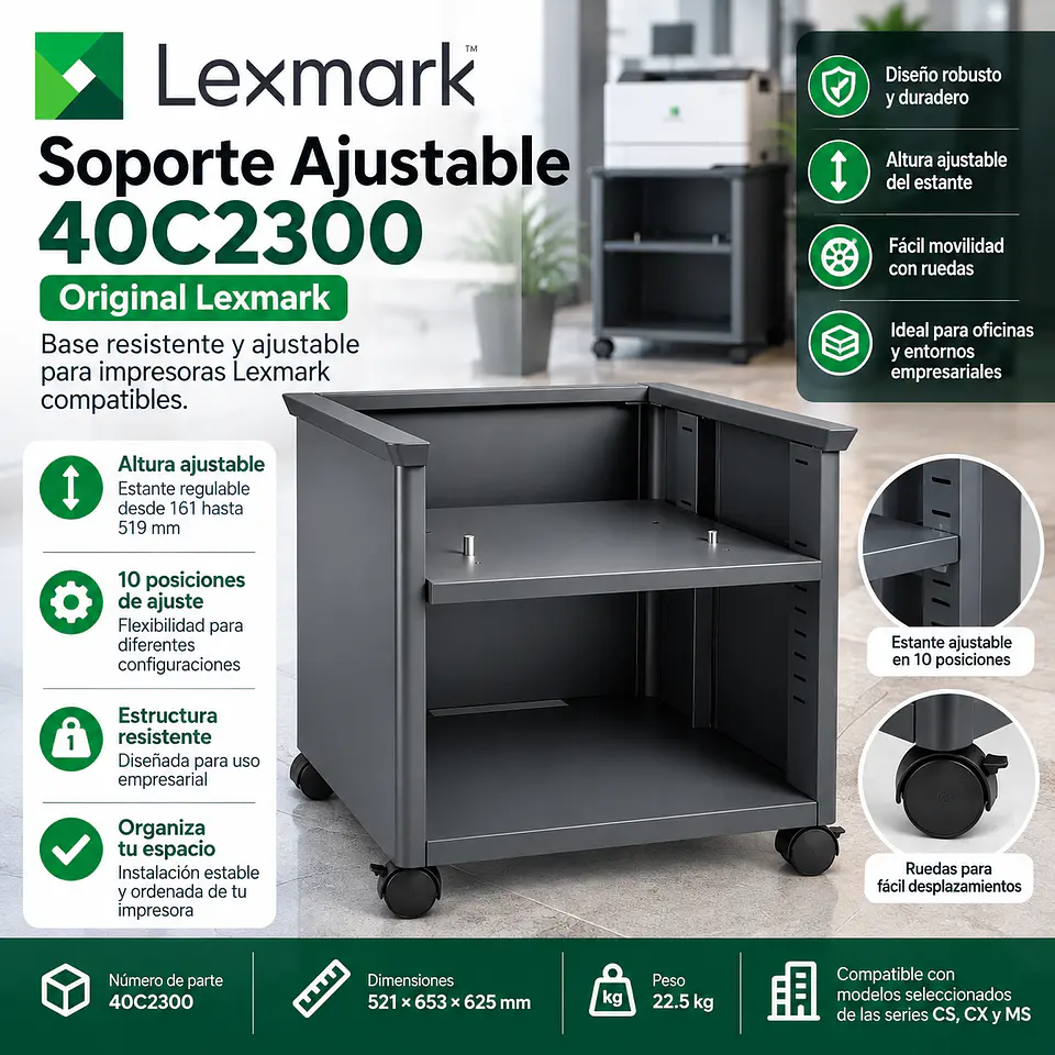 Soporte Ajustable Original Lexmark 40C2300 con Ruedas para Impresoras Láser – Base Móvil de Alta Resistencia para Oficina 2