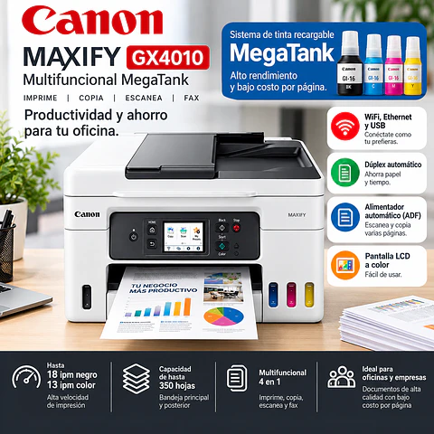 Impresora Canon MAXIFY GX4010 Multifuncional MegaTank WiFi a Color con Tanques de Tinta, Dúplex Automático, Escáner, Copiadora y Fax
