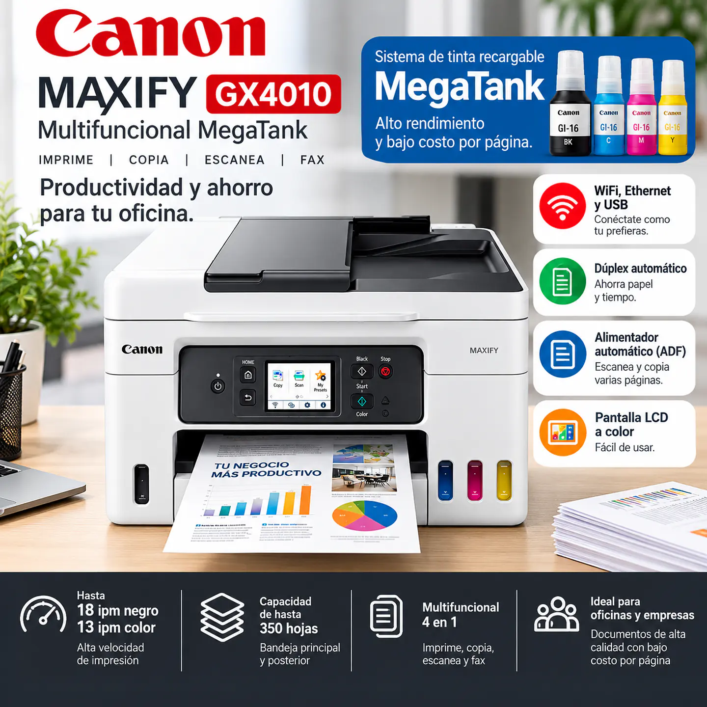 Impresora Canon MAXIFY GX4010 Multifuncional MegaTank WiFi a Color con Tanques de Tinta, Dúplex Automático, Escáner, Copiadora y Fax 2