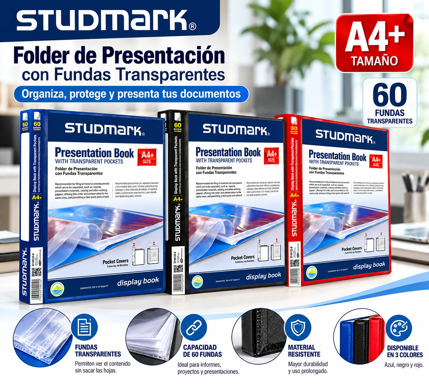 Folder Studmark A4 con 60 Fundas Transparentes para Documentos y Presentaciones 1
