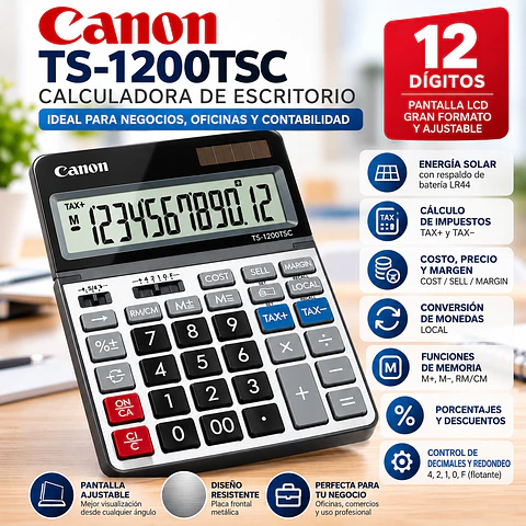 Calculadora Canon TS-1200TSC de Escritorio 12 Dígitos Solar con Función de Impuestos y Margen
