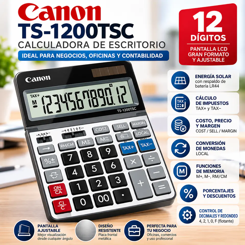 Calculadora Canon TS-1200TSC de Escritorio 12 Dígitos Solar con Función de Impuestos y Margen 2