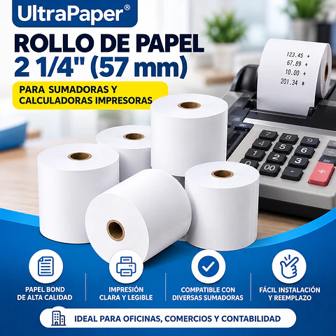 Rollo de Papel 2 1/4" (57 mm) UltraPaper para Sumadoras y Calculadoras Impresoras