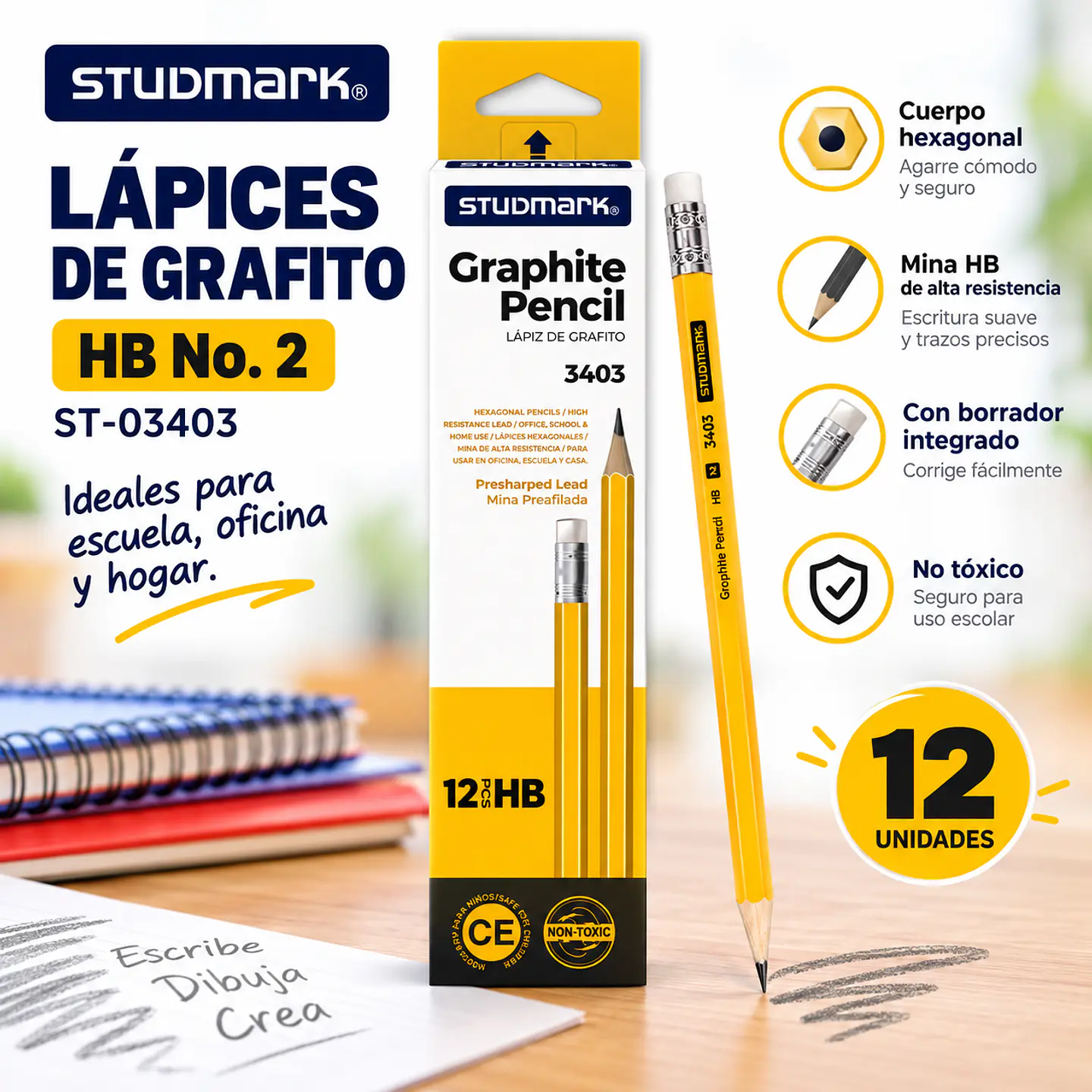 Lápiz de Grafito Studmark HB No. 2 con Borrador, Caja de 12 Unidades ST-03403 2