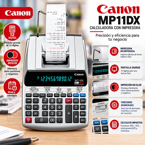 Calculadora Impresora Canon MP11DX-2 de 12 Dígitos con Impresión a Dos Colores